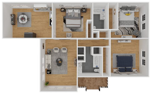 3d floor plan of a bedroom with a living room and a dining room
